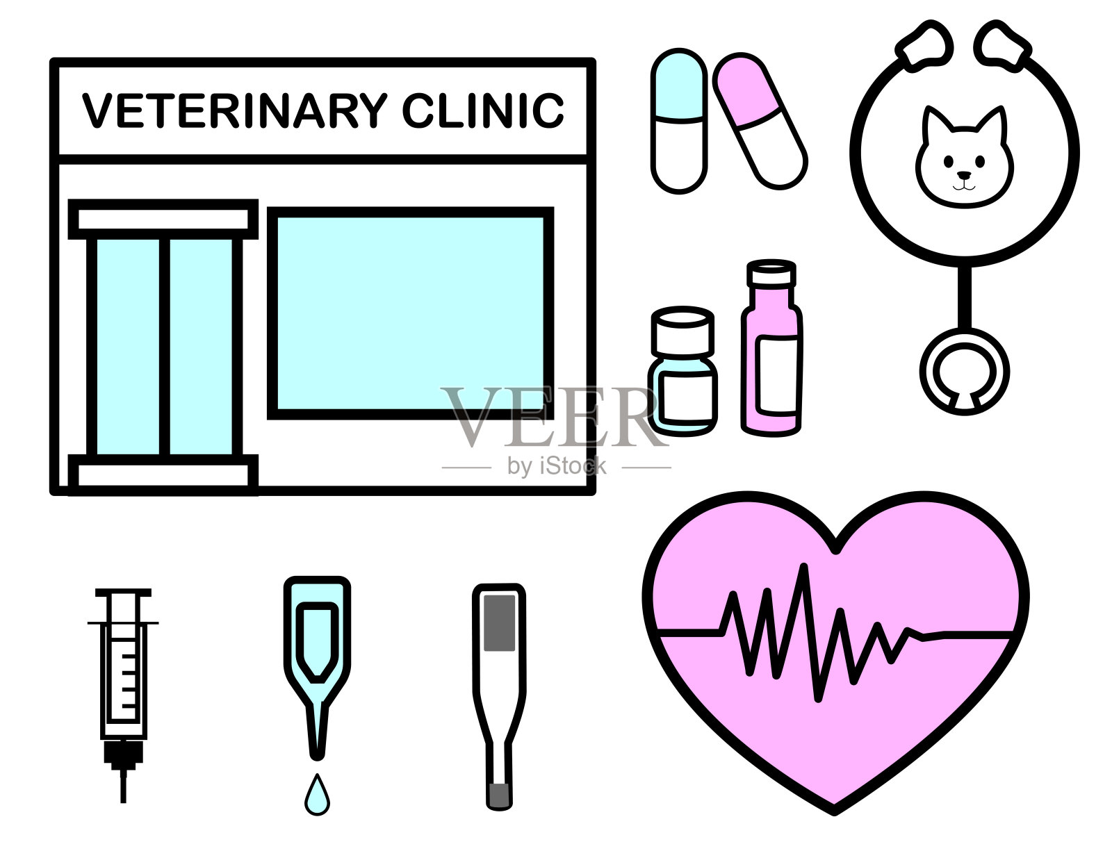 一个图标集的兽医诊所的药物，工具，和听诊器。插画图片素材