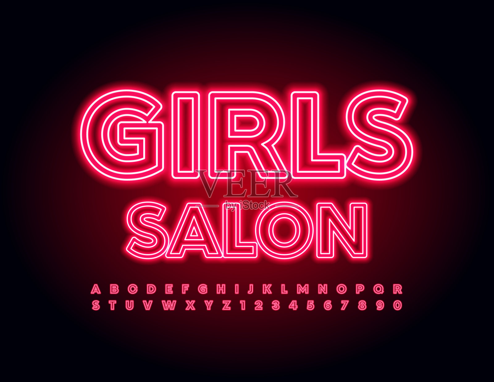 矢量时尚标志女孩沙龙。发光的字母表字母和数字集插画图片素材