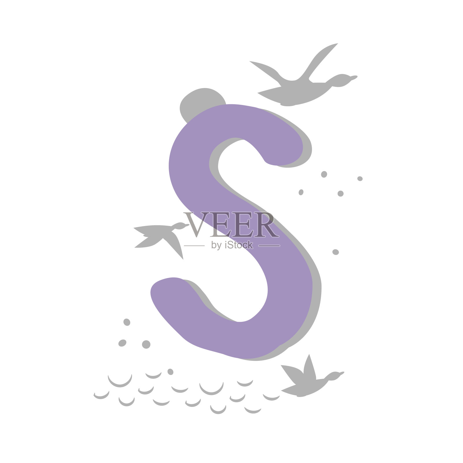 极简东方风格字母s的图案。鸟群，鸭子在飞翔，大海，月亮。抽象物体，点，点，阴影。矢量插图，为标志设计，横幅。设计元素图片