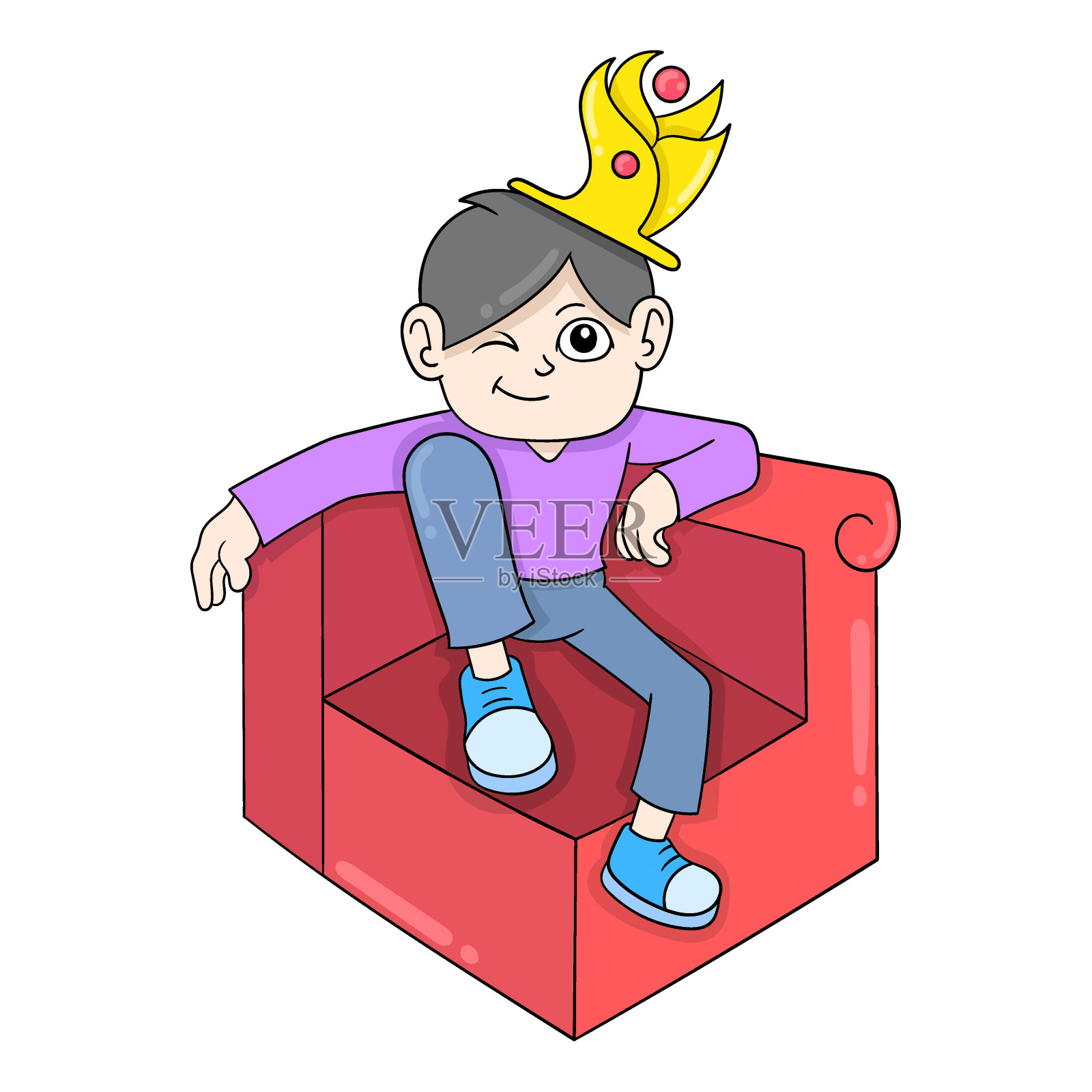 王子正坐在沙发上戴着金色的皇冠涂鸦着可爱的图标形象插画图片素材