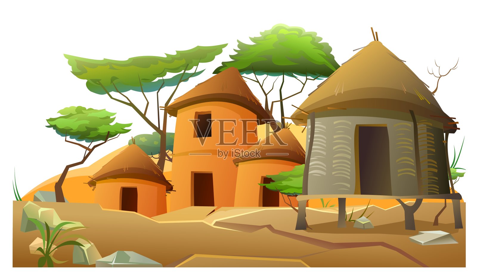 非洲的村庄。建筑物和沙丘。用粘土和稻草建造的农舍。孤立的白色背景。非洲景观。金合欢树。向量插画图片素材