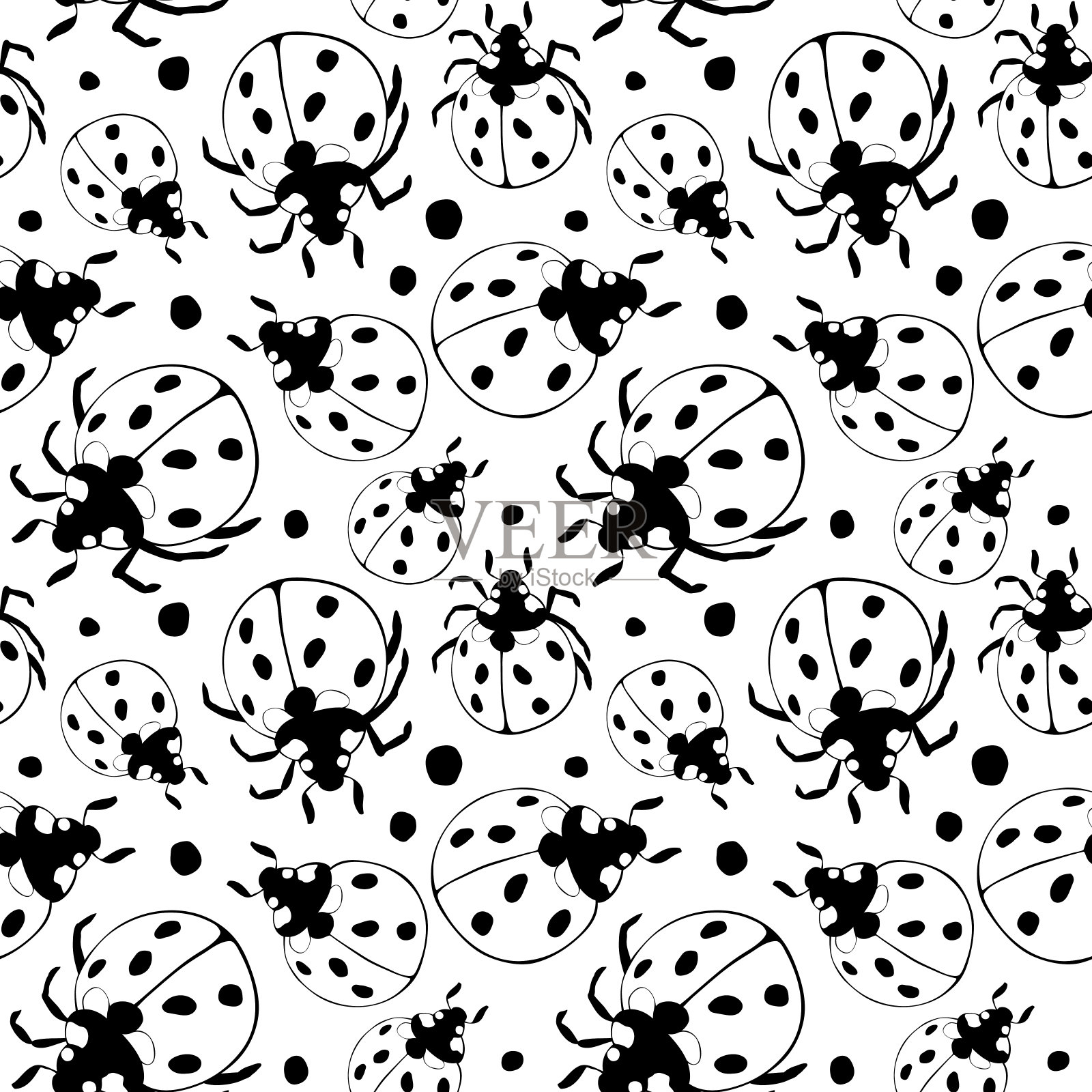 矢量无缝模式的黑色轮廓瓢虫在平面涂鸦风格的不同大小。以自然为主题的背景与纹理，春夏，儿童印花，孤立插画图片素材