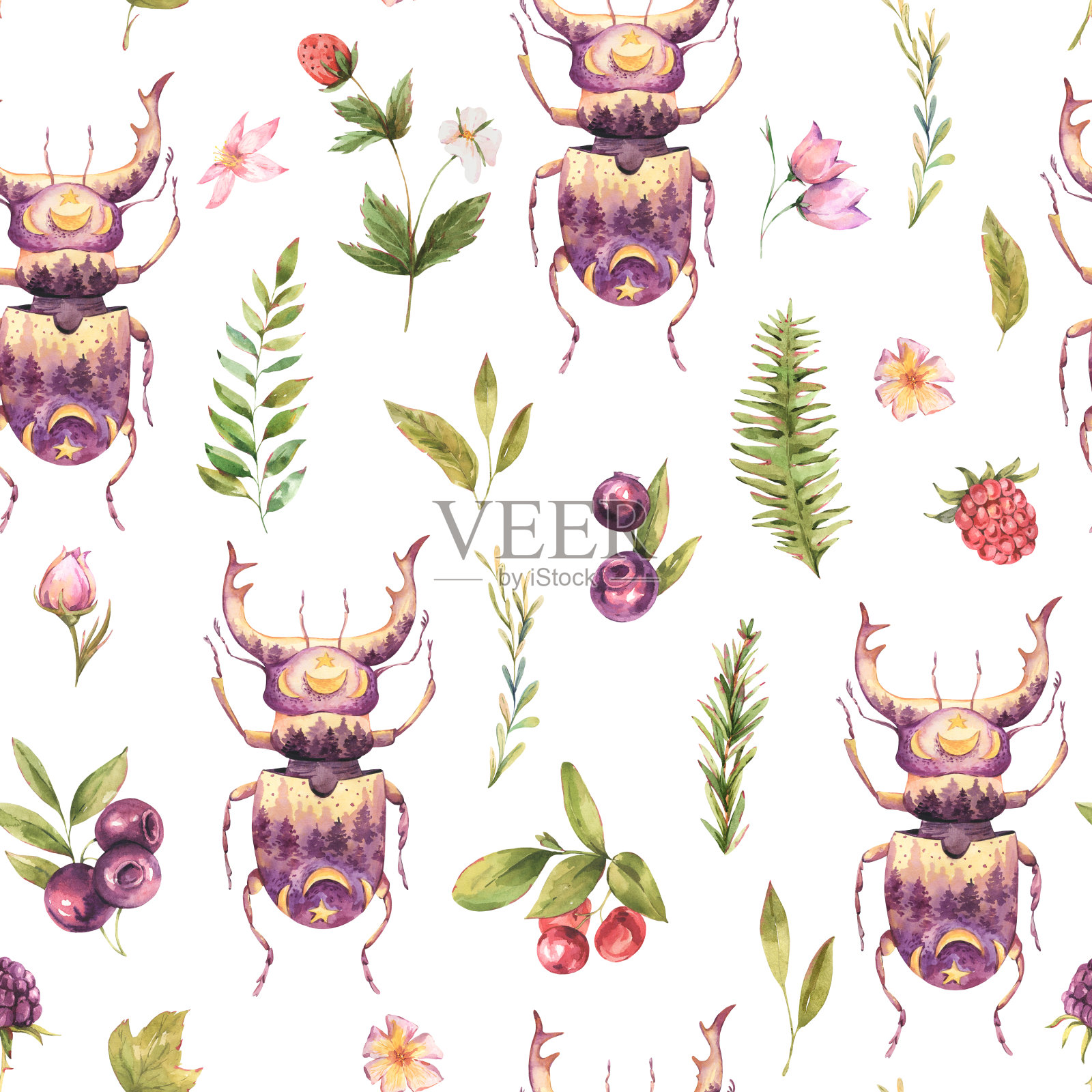 水彩甲虫无缝图案与野花。图腾动物花纹纹理插画图片素材