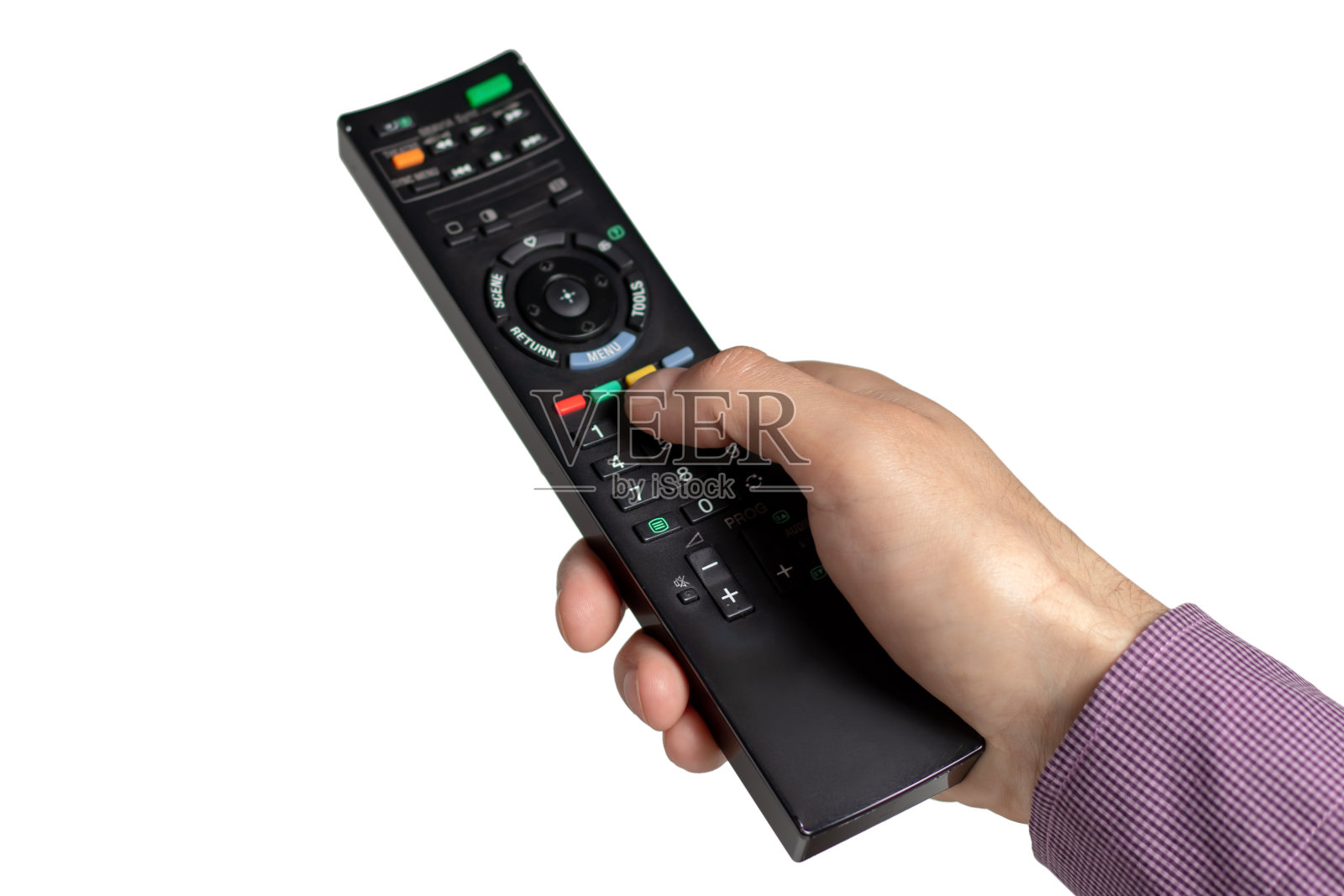 手持电视和音频遥控器隔离在白色背景上。照片摄影图片