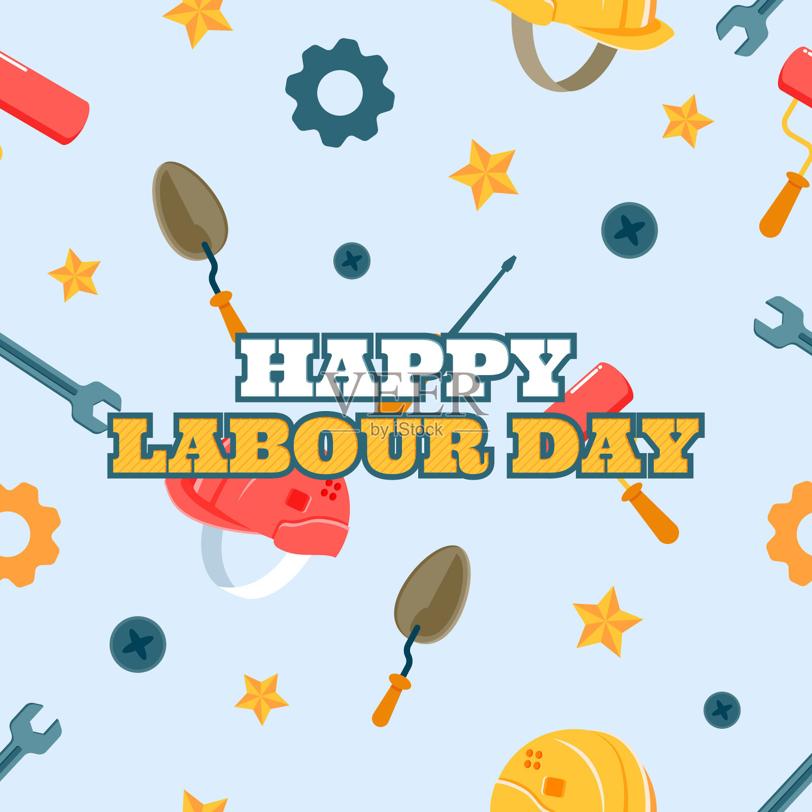 美国劳动节贺卡或邀请可爱和极简主义无缝模式劳动工具设计模板素材