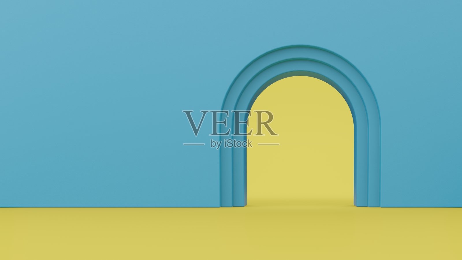 黄色地板上空蓝色拱墙模型的3d渲染照片摄影图片