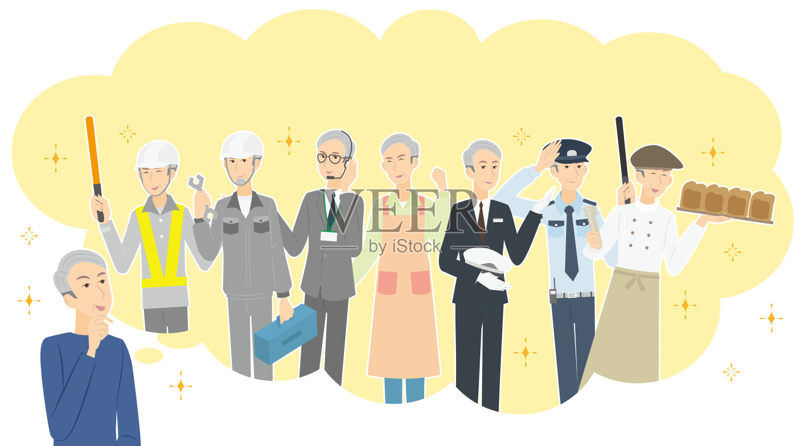 老年男性退休后考虑工作的职业组合插画图片素材