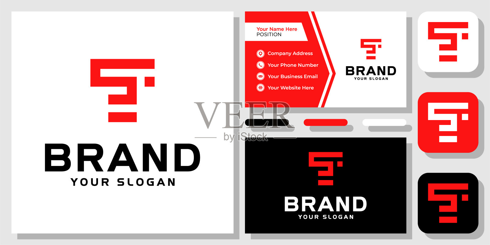 首字母TS ST字母组合粗体几何红色现代标志设计与名片模板设计模板素材