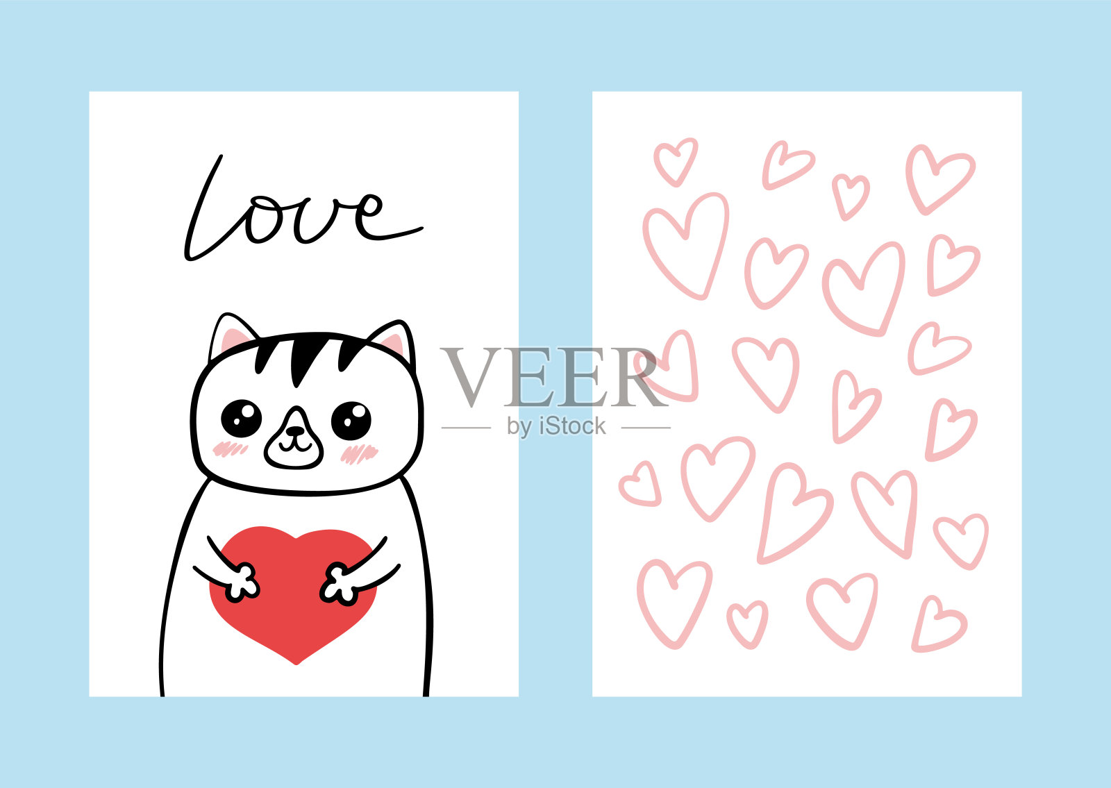 贺卡模板。可爱的手绘动物抱着一颗心插画图片素材