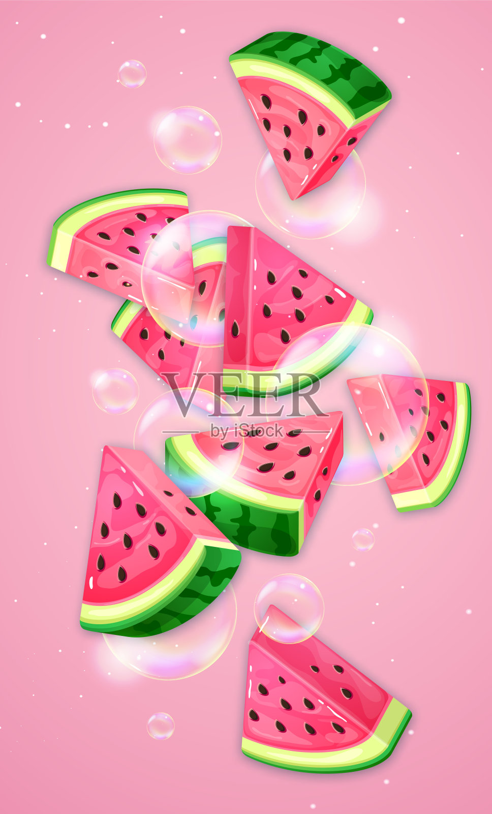粉红色背景上有肥皂泡的西瓜片。向量西瓜插图插画图片素材