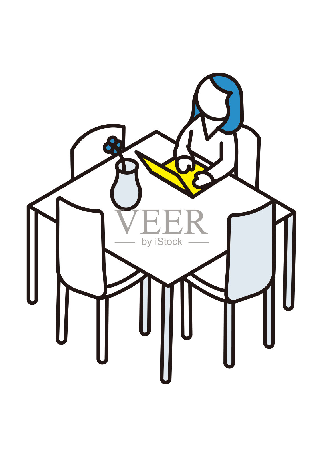 一个人在餐桌上操作笔记本电脑的等距图插画图片素材