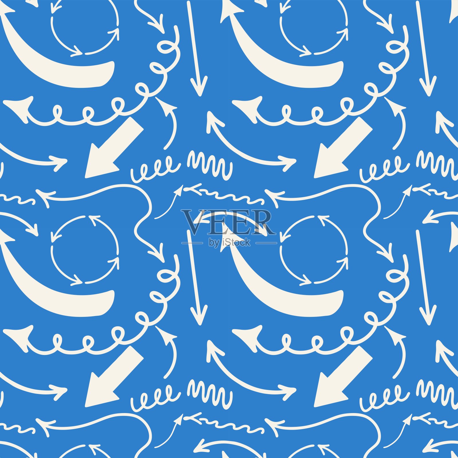 无缝模式。蓝色背景上的各种白色箭头。平面设计，矢量插图，卡通。插画图片素材