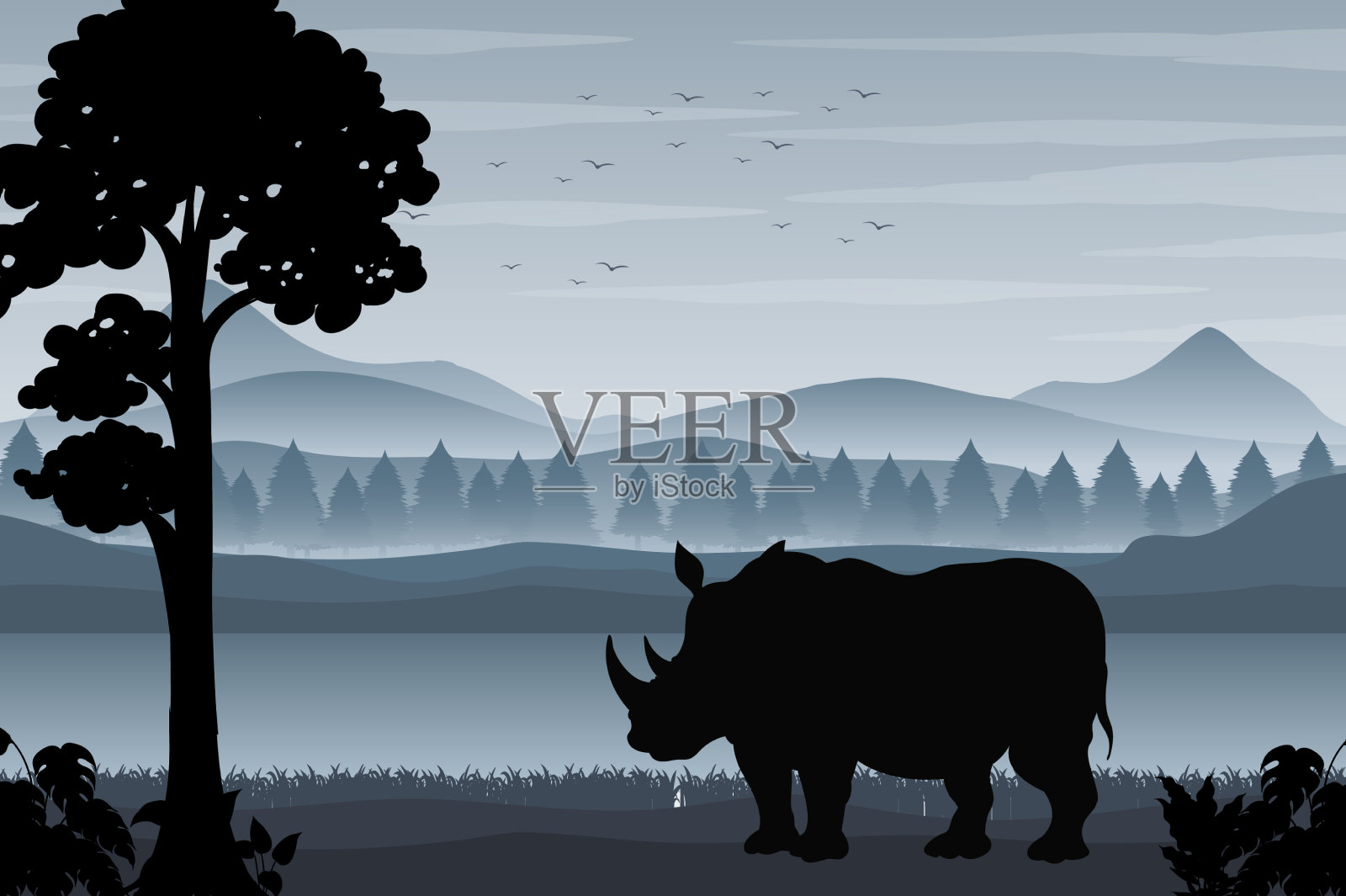 森林场景的剪影阴影插画图片素材