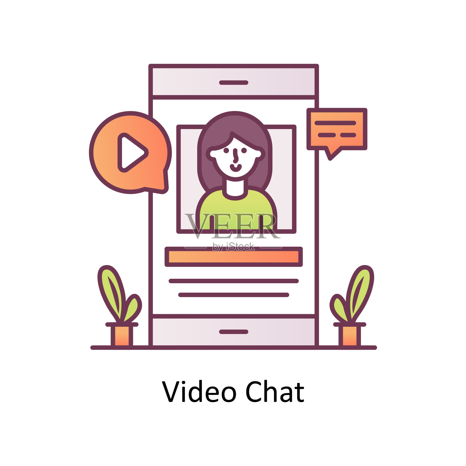 视频聊天矢量轮廓图标设计插图。移动营销符号在白色背景EPS 10插画图片素材