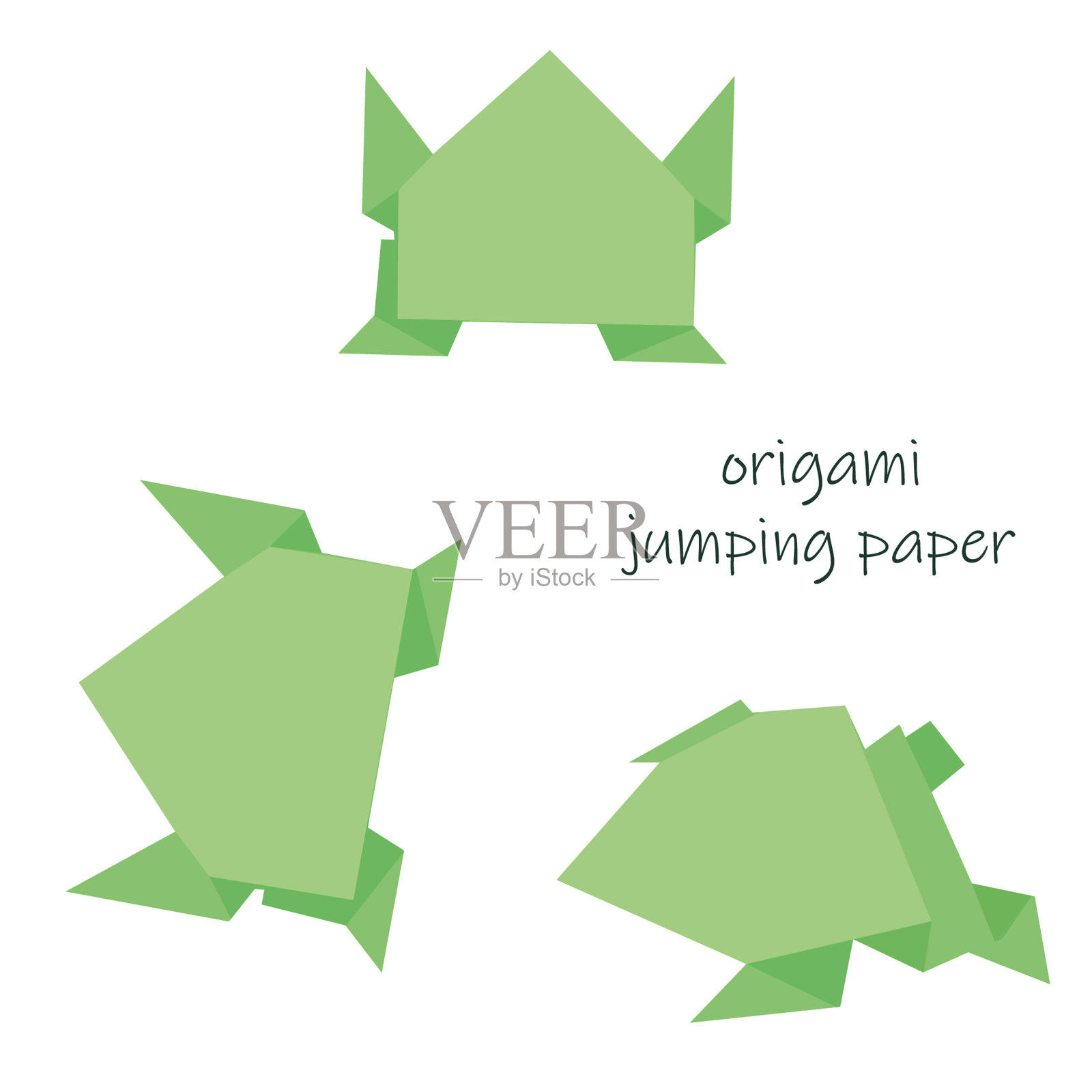 设置折纸绿色青蛙。DIY纸工艺品。儿童教育游戏。平面向量插画图片素材