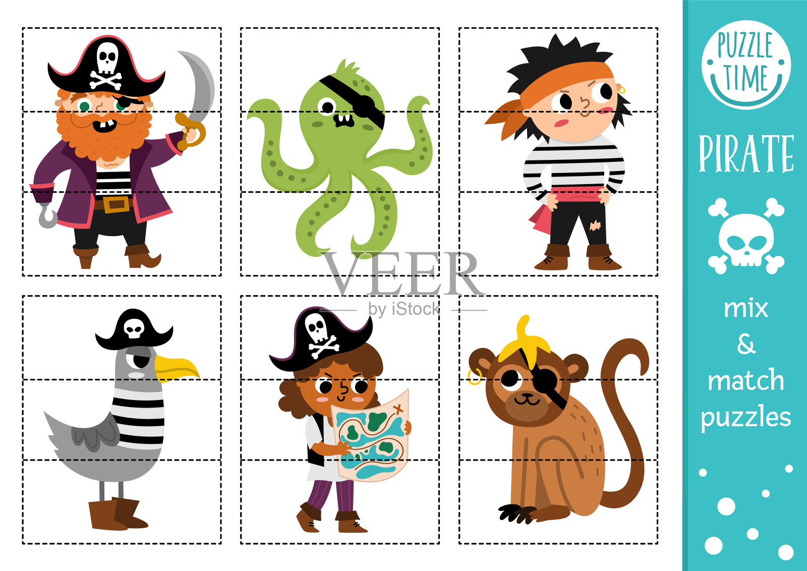 矢量海盗混合和匹配谜题与可爱的字符。为学龄前儿童配对的金银岛活动。教育海上冒险印刷游戏水手，章鱼，猴子，海鸥。插画图片素材