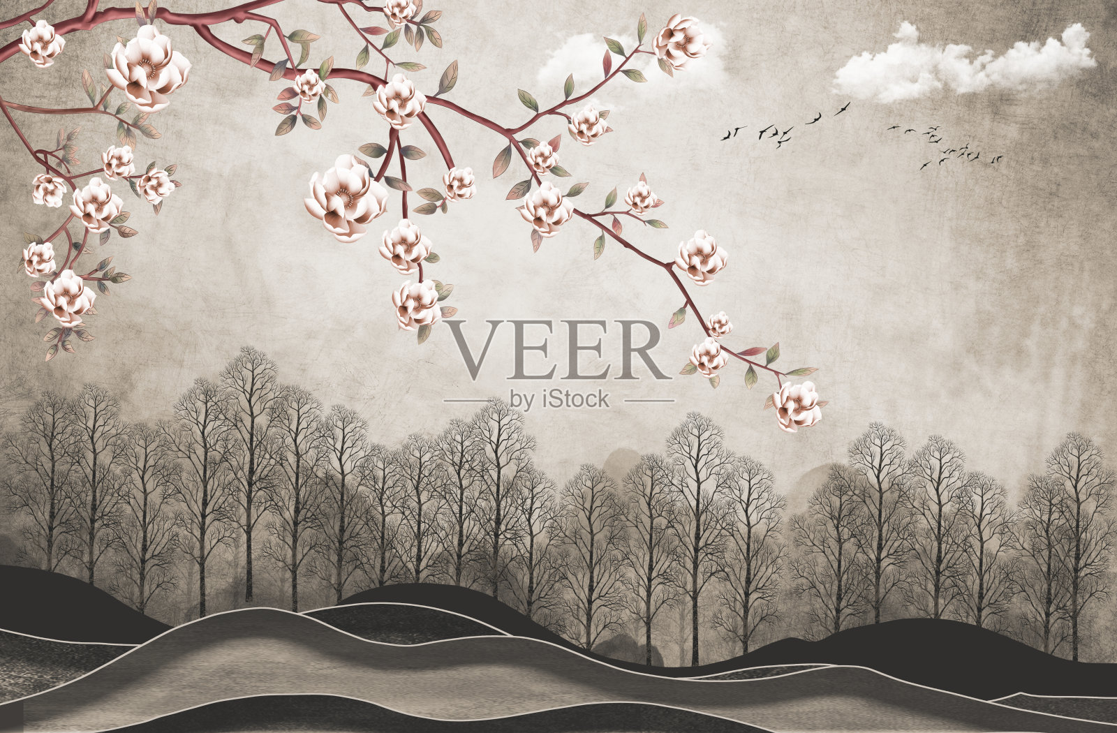 3d壁画景观墙纸。鸟在枝头花，林在树木山。照片摄影图片