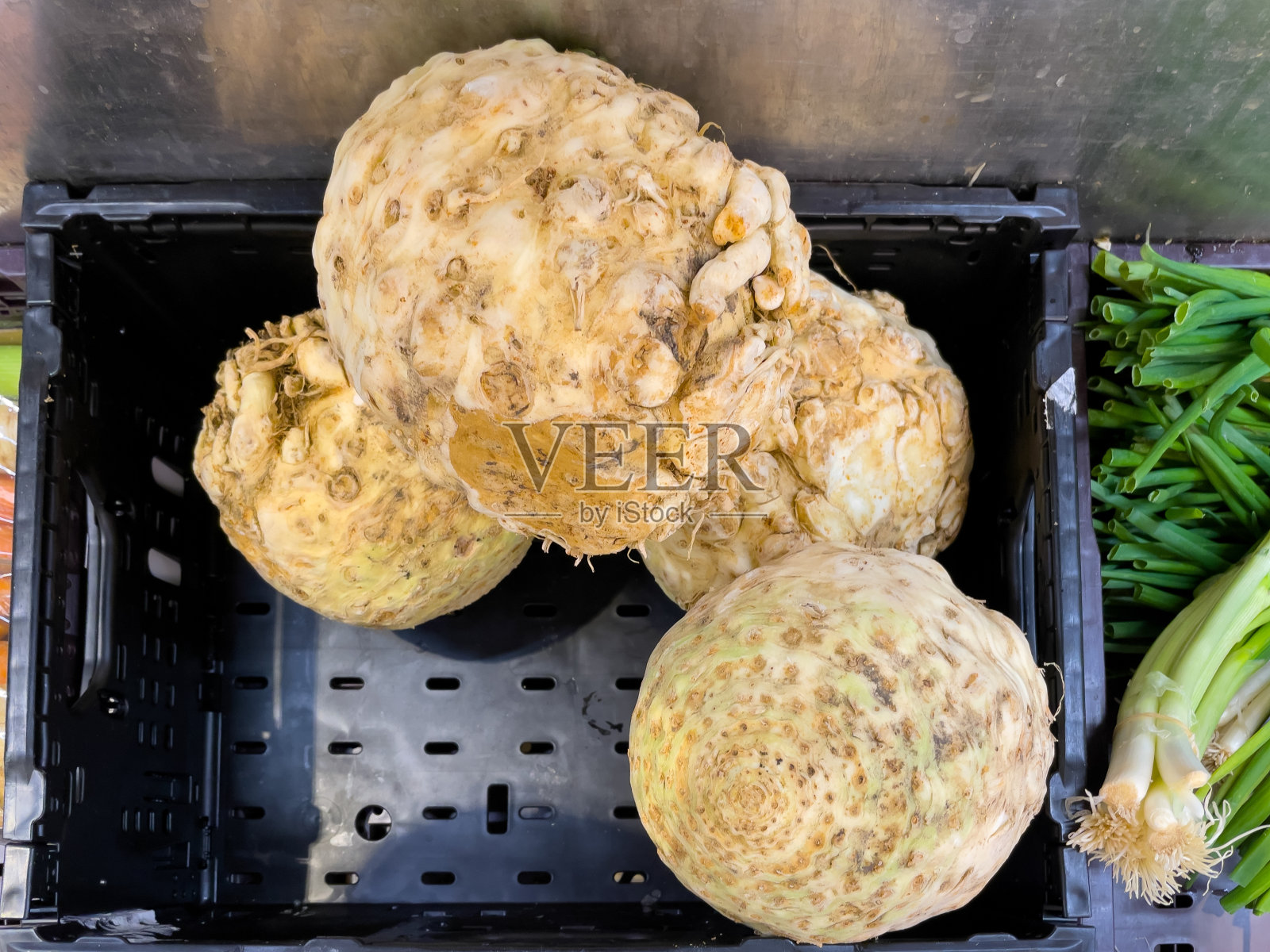 零售商店里陈列的芹菜块茎。照片摄影图片