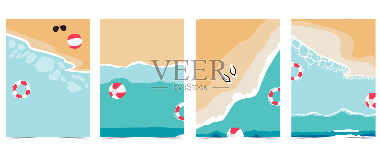 派对夏日明信片与游泳池和海滩在白天的背景插画图片素材