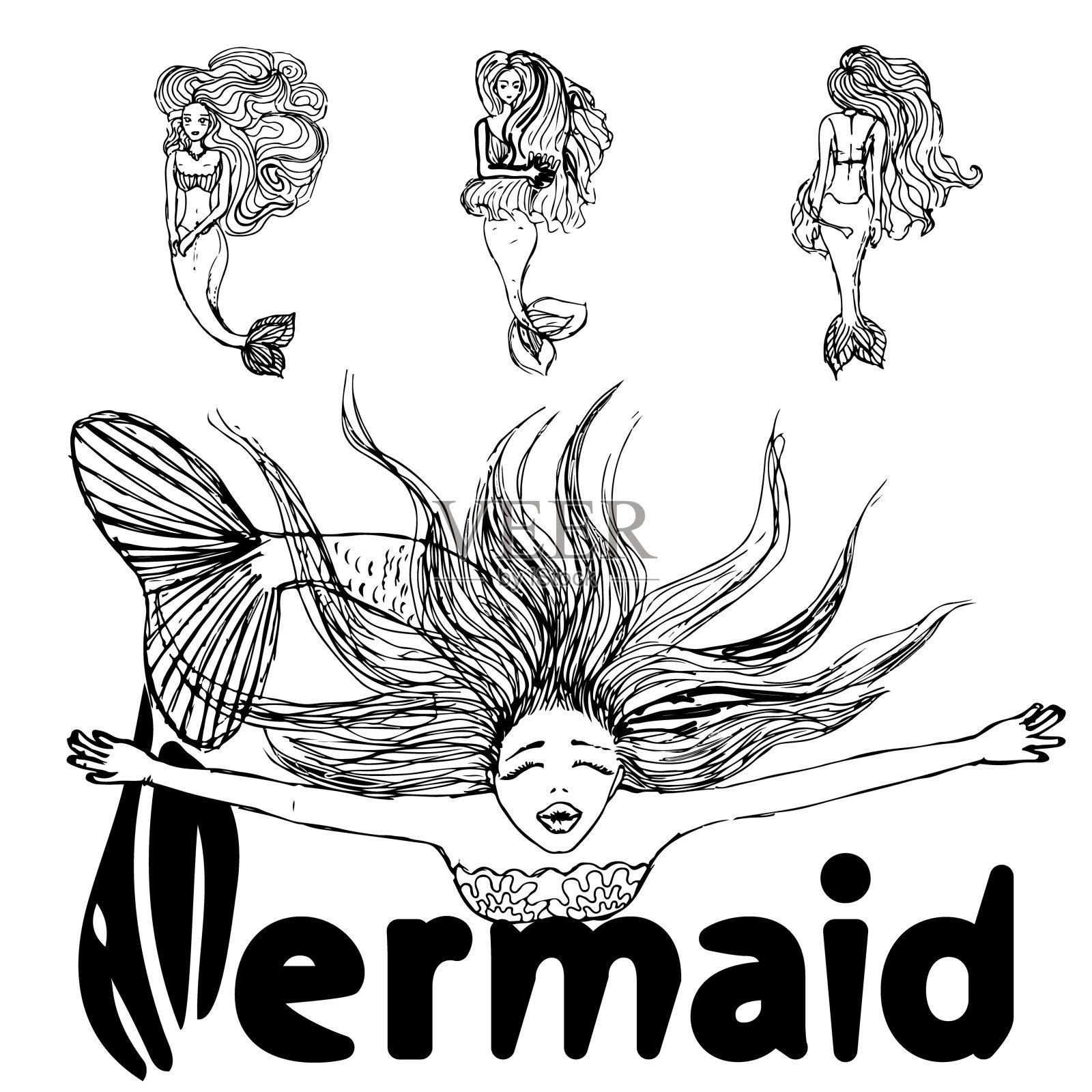 一套美人鱼素描与黑色线条插画图片素材