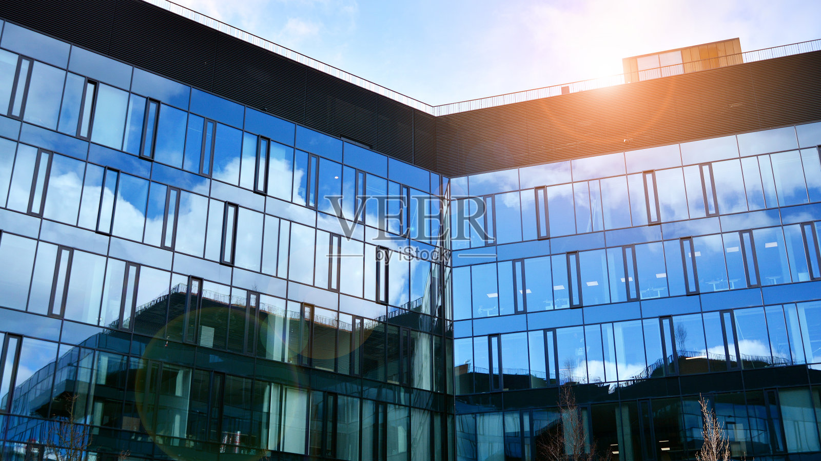玻璃幕墙的现代办公大楼，背景是晴朗的天空。照片摄影图片