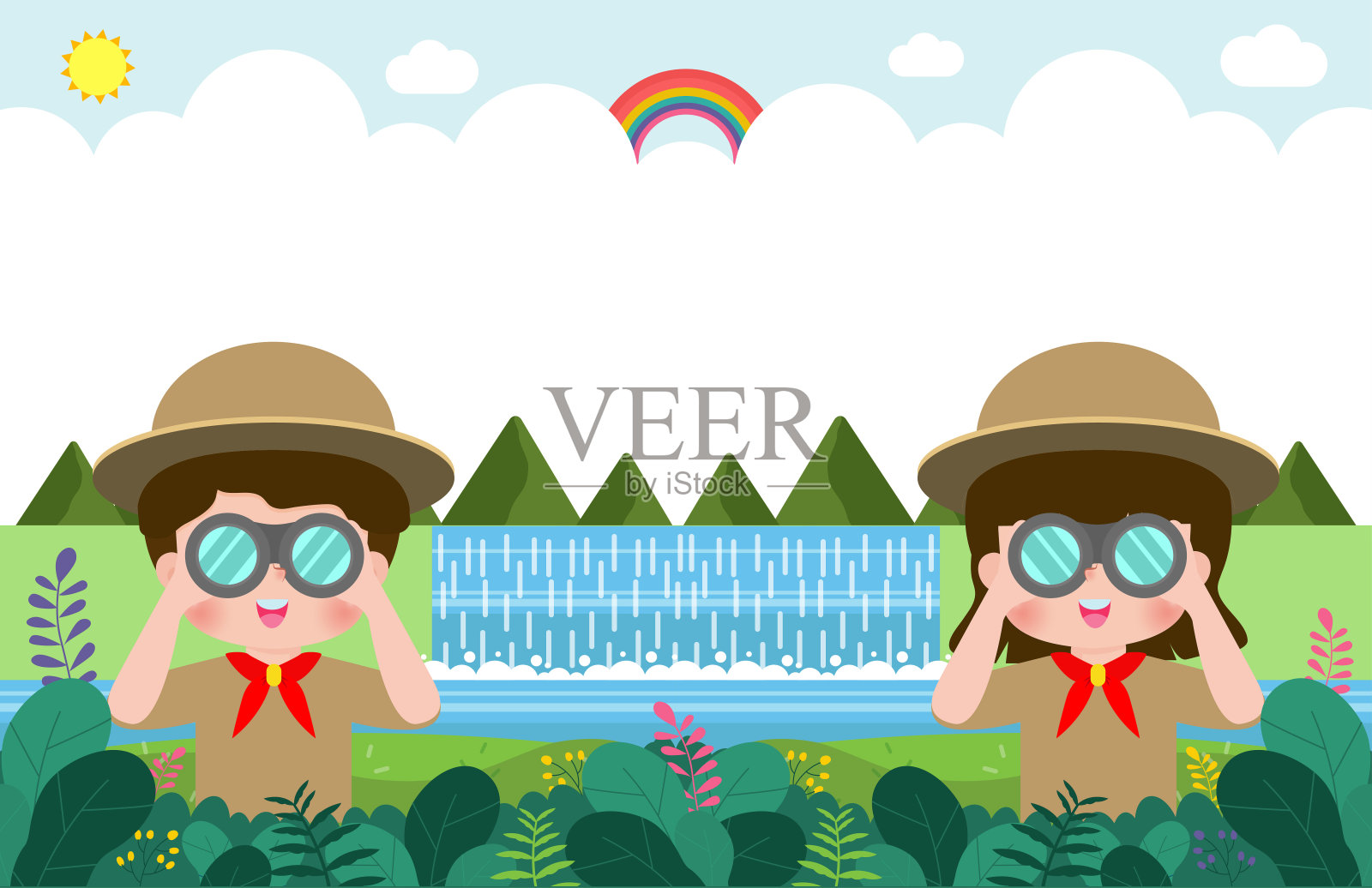 儿童夏令营横幅模板背景教育广告宣传册或海报，快乐儿童做活动露营，海报传单你的文字，矢量插图插画图片素材