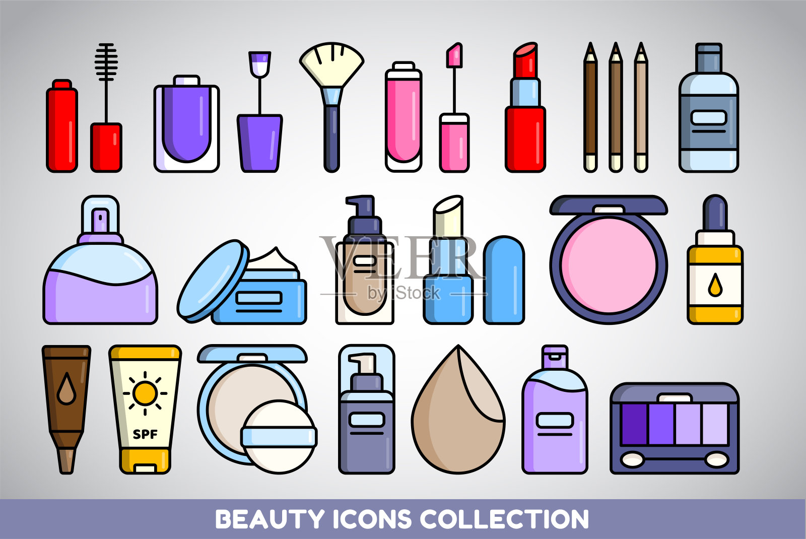 美丽的图标集。收集平面化妆和化妆品图标在直线色彩风格。一套20个图标。图标素材