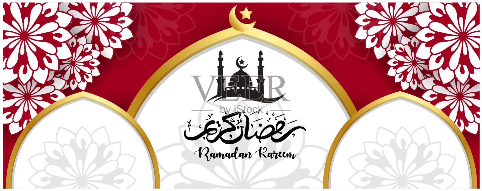 斋月卡里姆概念横幅三维黄金框架阿拉伯窗口美丽的背景美丽的阿拉伯图案矢量插图挂金色新月和剪纸星星在云文本插画图片素材