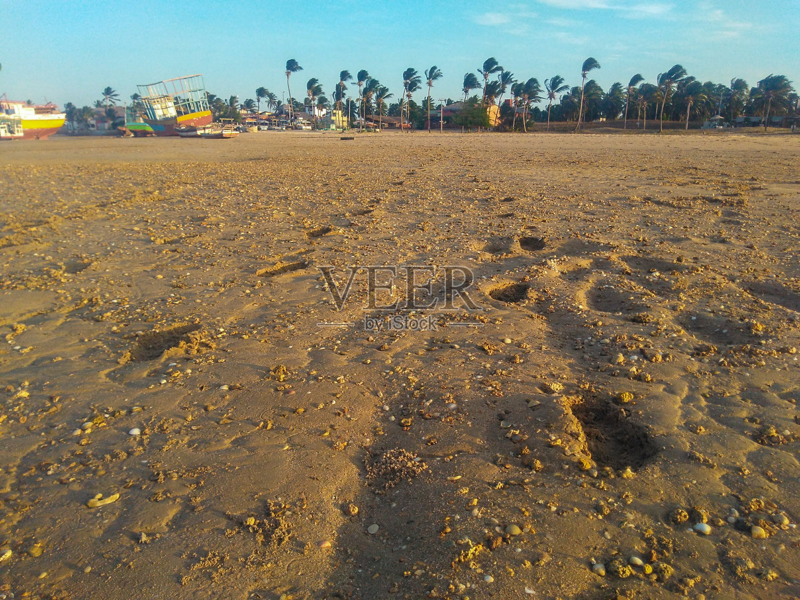 沙滩上的脚印。照片摄影图片
