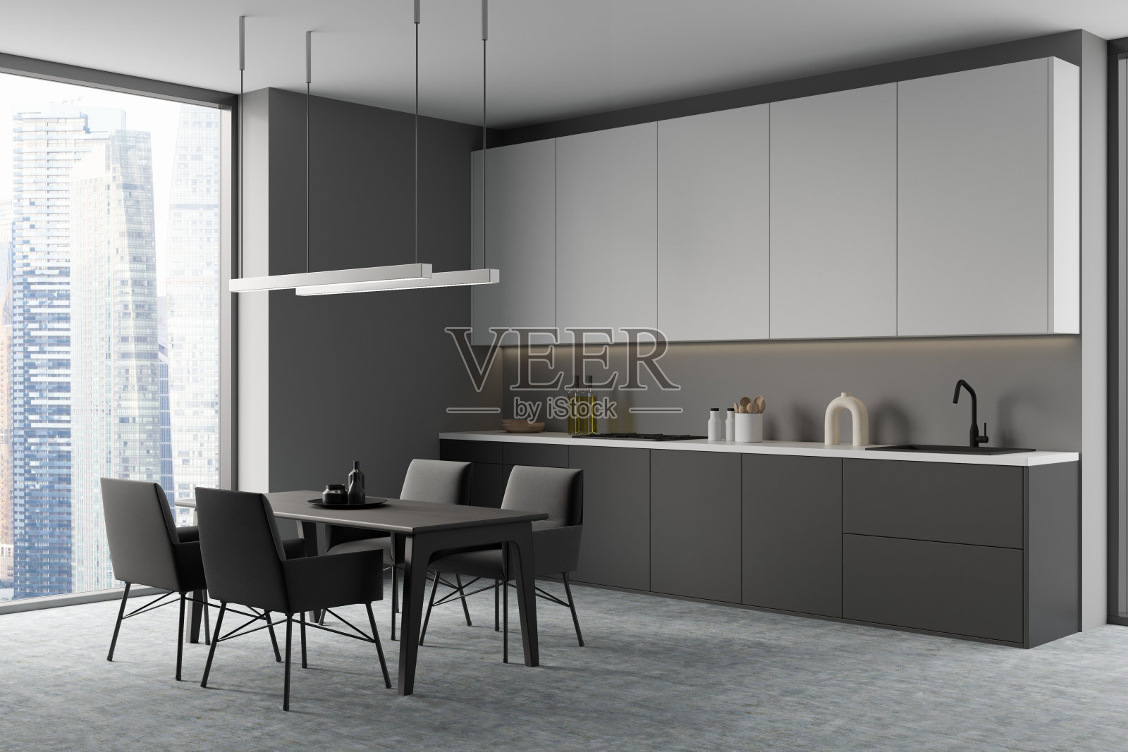 黑暗的厨房室内与全景窗口的新加坡城市照片摄影图片