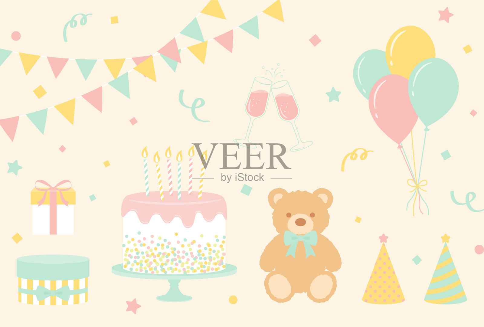 矢量背景与泰迪熊和聚会图标横幅，卡片，传单，社交媒体壁纸等。设计模板素材