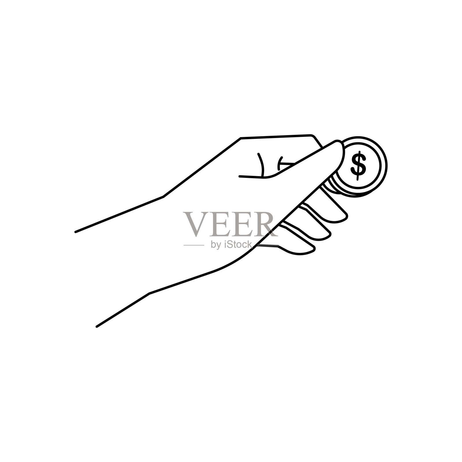 女人手里拿着金元硬币。简单的直线矢量说明金融，商业和银行。用钱做慈善、捐赠或买彩票。插画图片素材