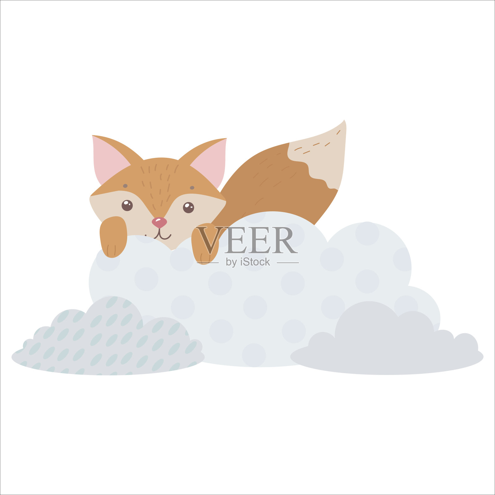 可爱的狐狸在云上。红狐躲在云里。气球和飞艇。儿童插图，可爱的印刷，矢量。孤立在白色背景上。设计元素图片