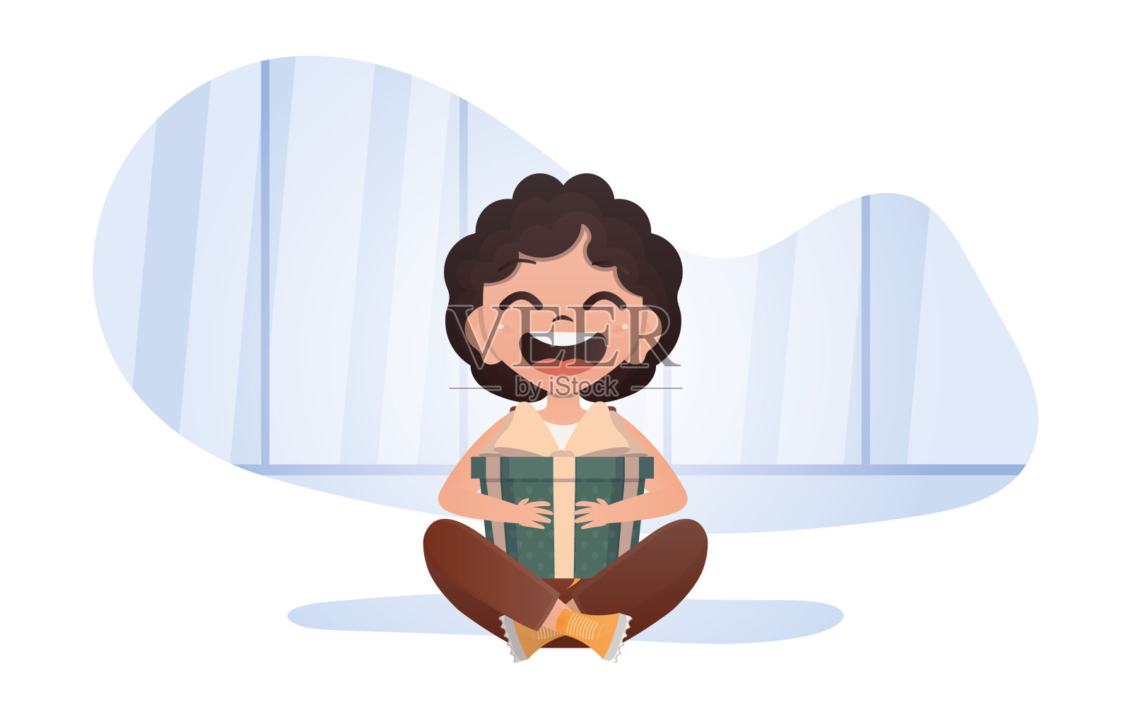 一个可爱的小女孩坐在莲花位置，手里拿着礼物。矢量插图。插画图片素材