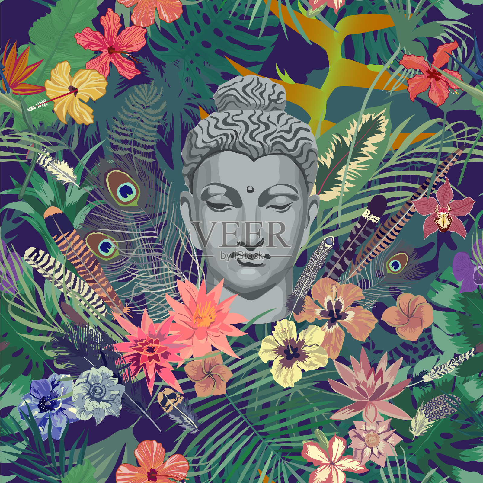 无缝vintahe风格图案与佛插画图片素材