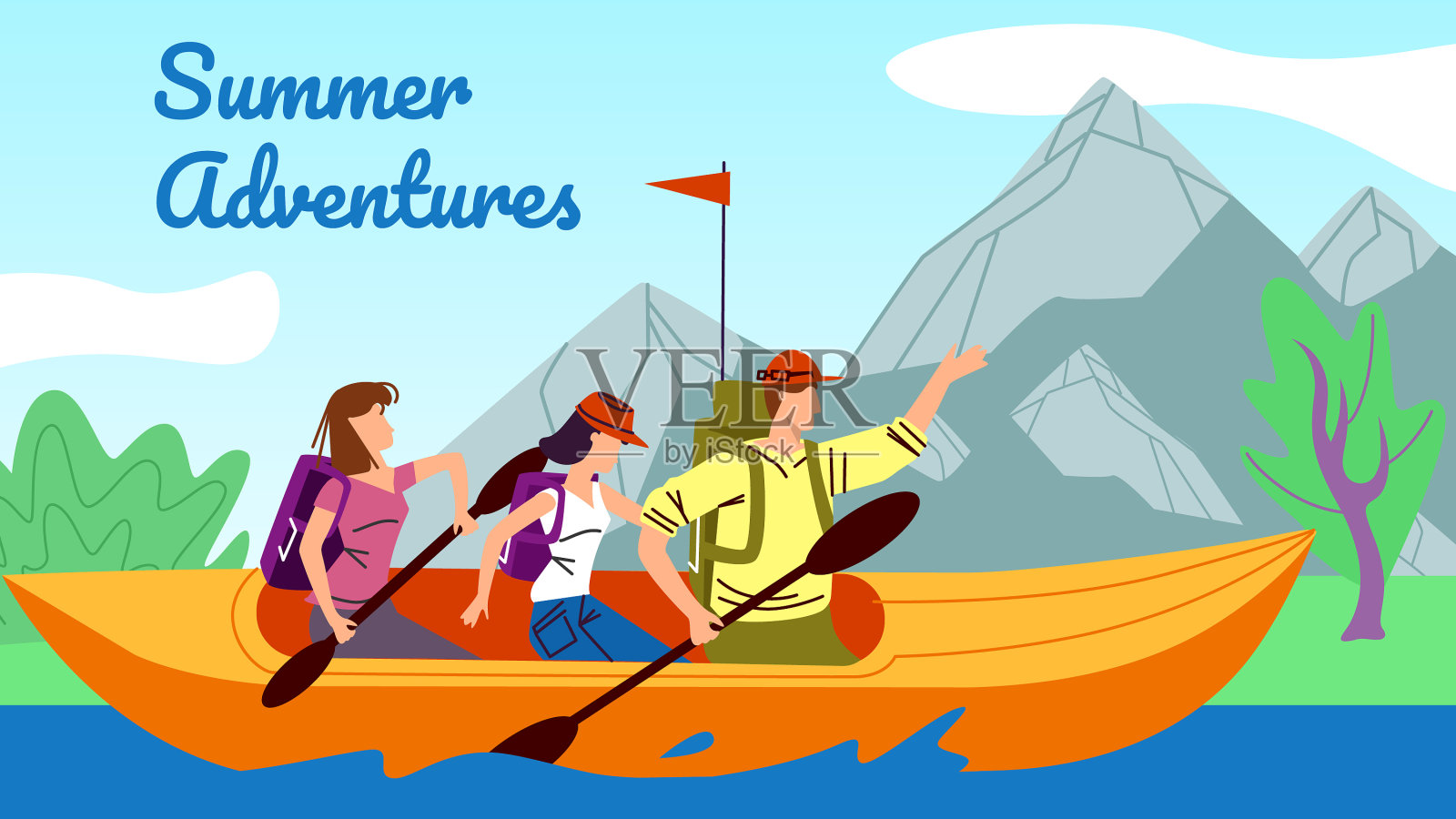 漂流皮划艇，人们在皮划艇中顺流而下插画图片素材