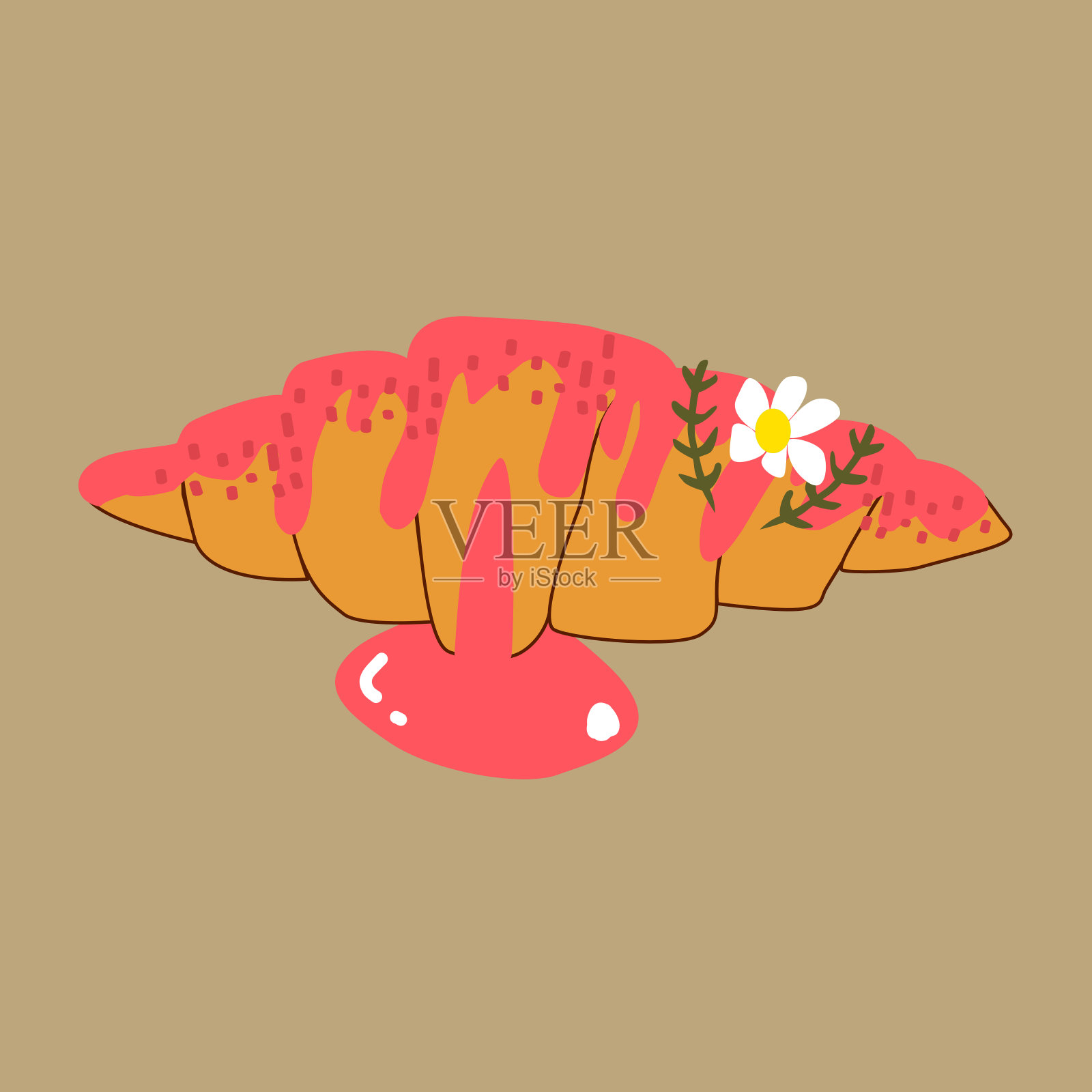 牛角面包草莓熔岩在棕色的背景。 美味的羊角面包。图标插画图片素材