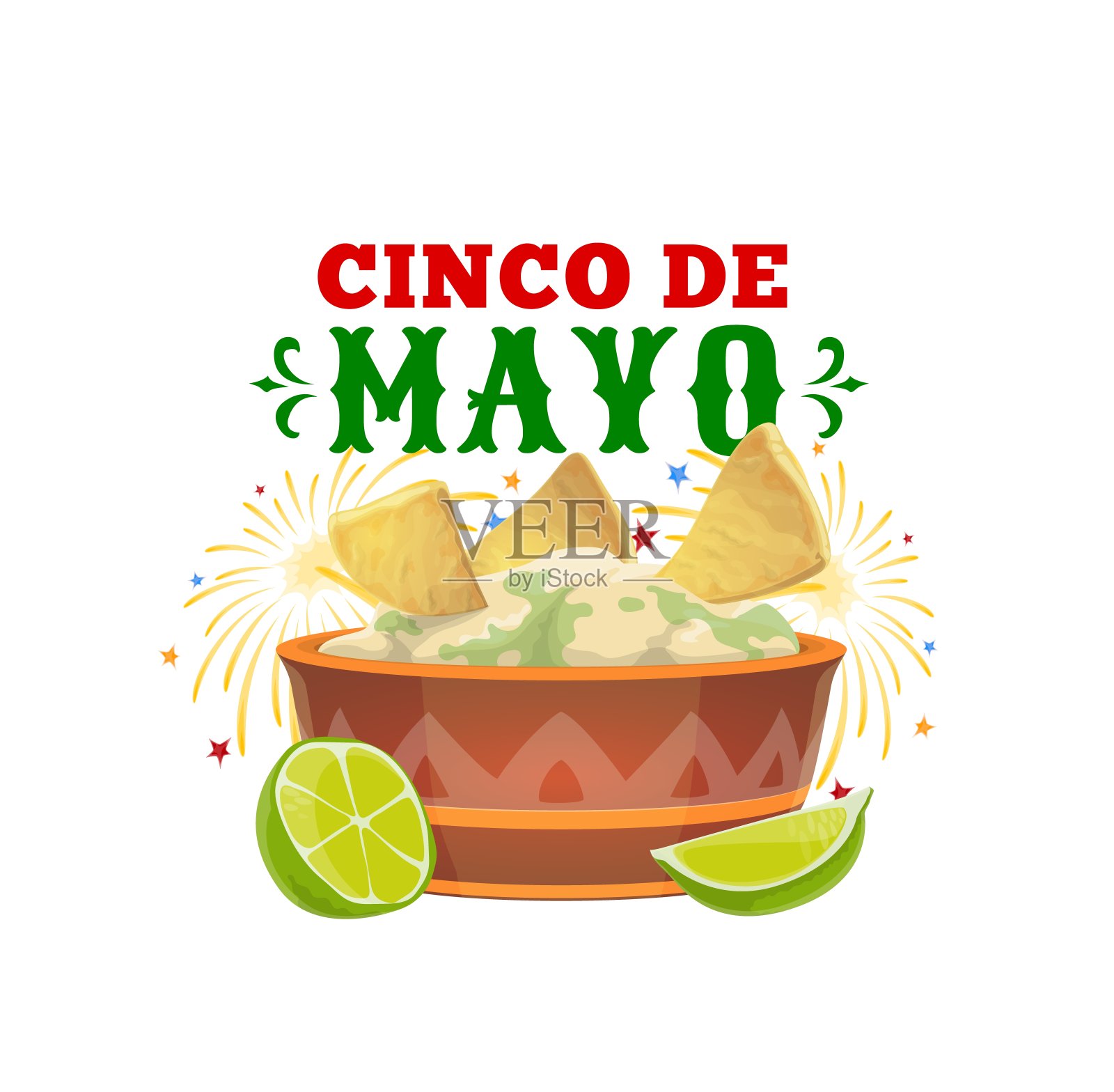 五月节，鳄梨色拉酱，玉米片和酸橙插画图片素材