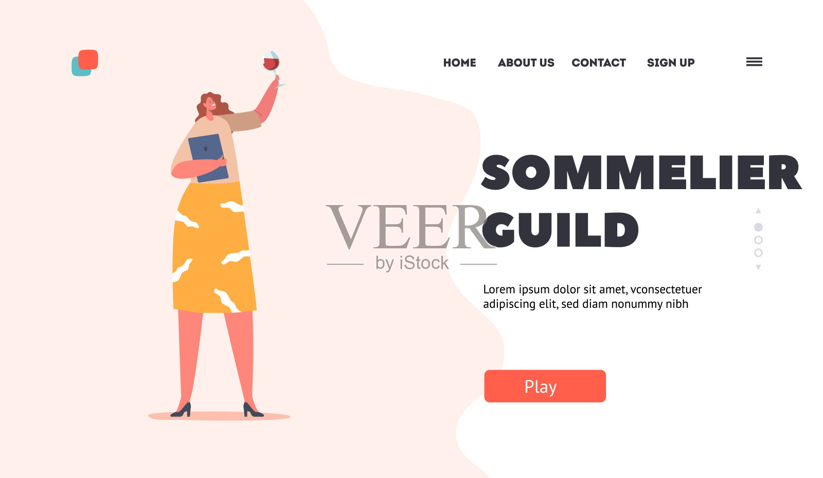 侍酒师协会登陆页面模板。女性品酒概念。葡萄酒酒杯饮料专家插画图片素材