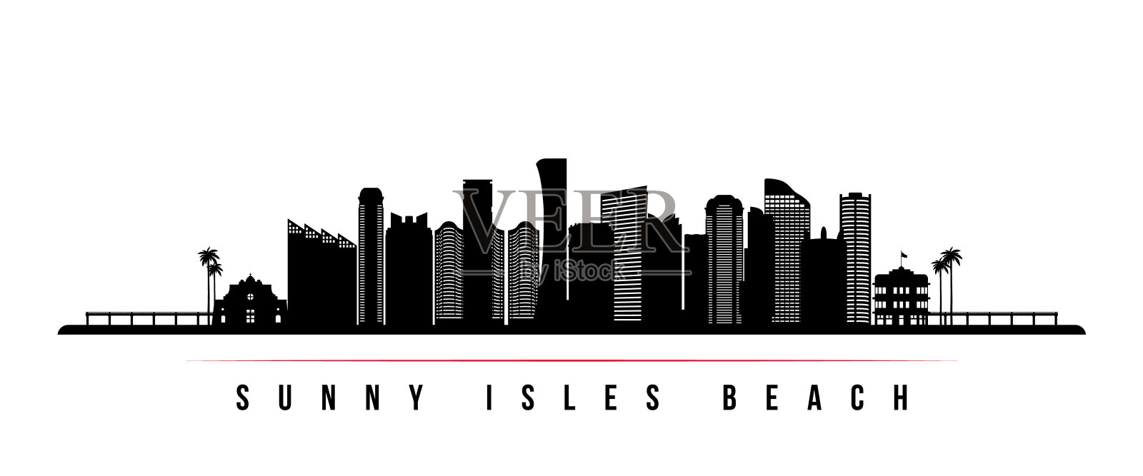 阳光岛海滩天际线水平横幅。佛罗里达州阳光岛海滩的黑白剪影。为您的设计矢量模板。插画图片素材