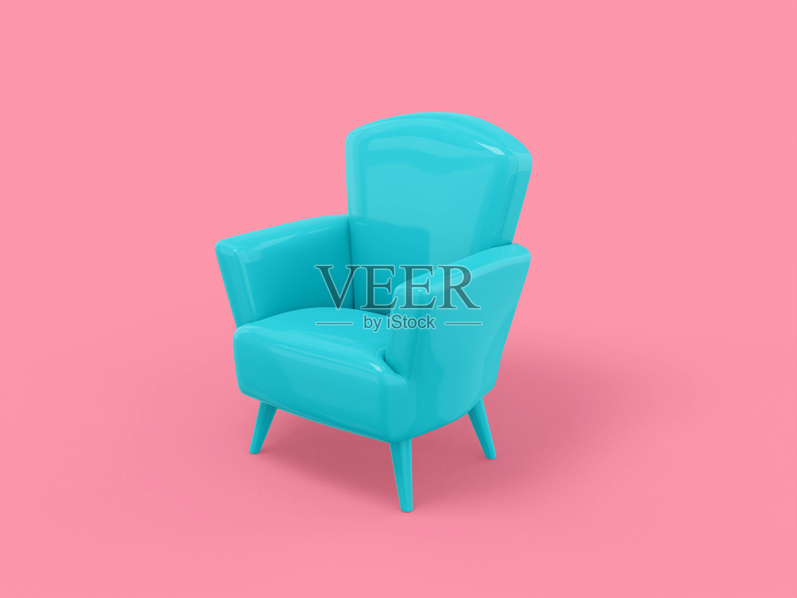 蓝色单色扶手椅上的粉红色单色背景。简约的设计对象。3d渲染图标UI ux界面元素。照片摄影图片