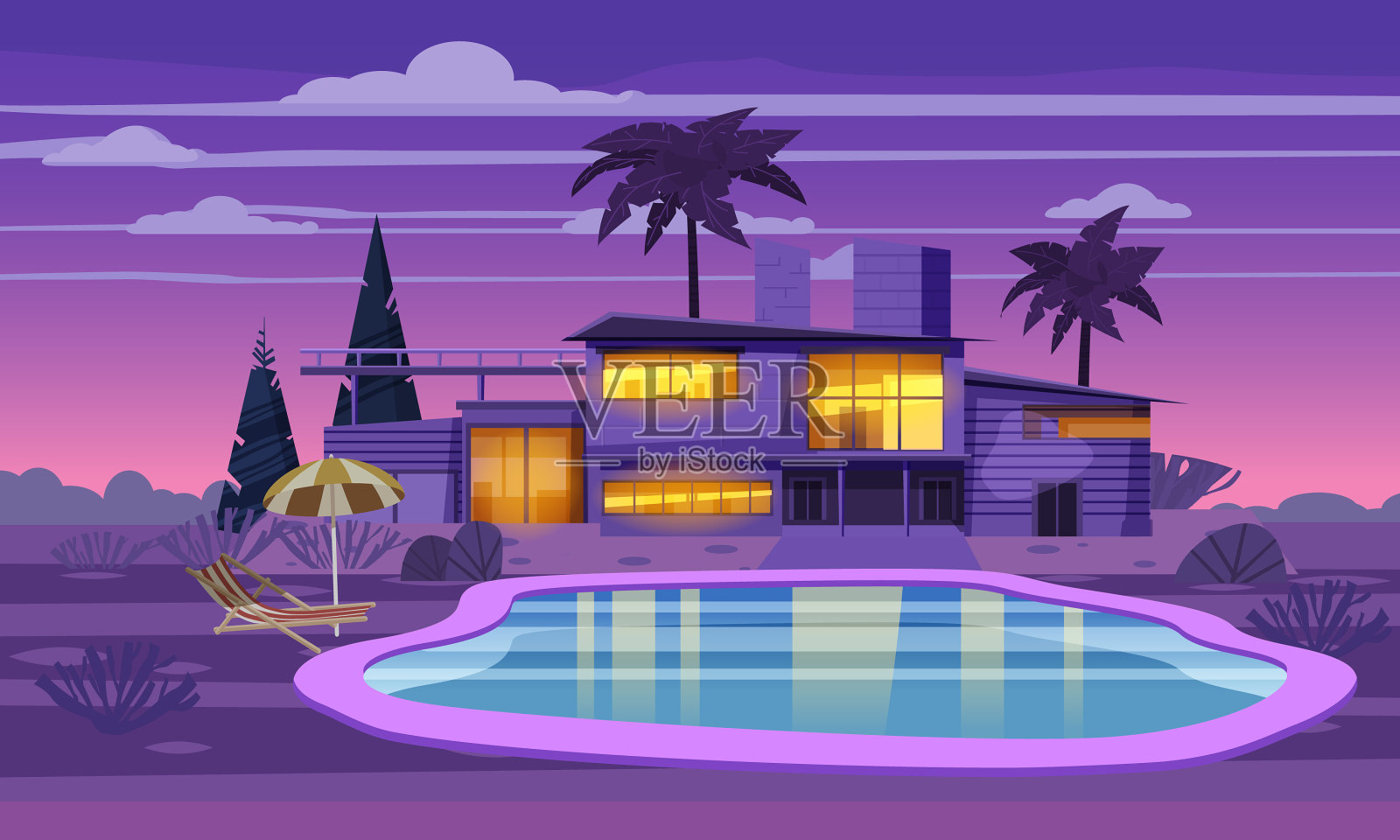 现代别墅住宅在异国情调的乡村夜晚插画图片素材