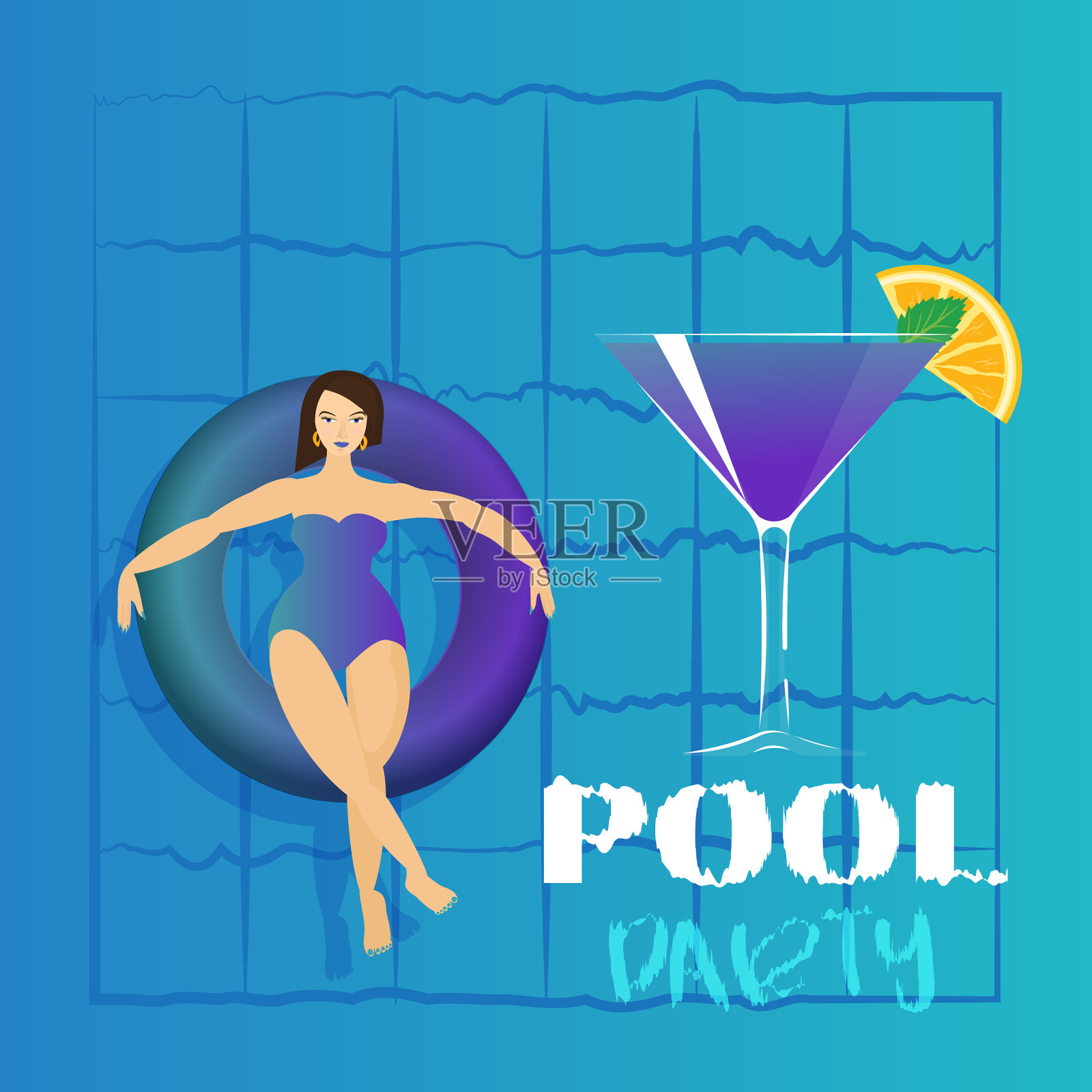 年轻女子在游泳池环日光浴插画图片素材