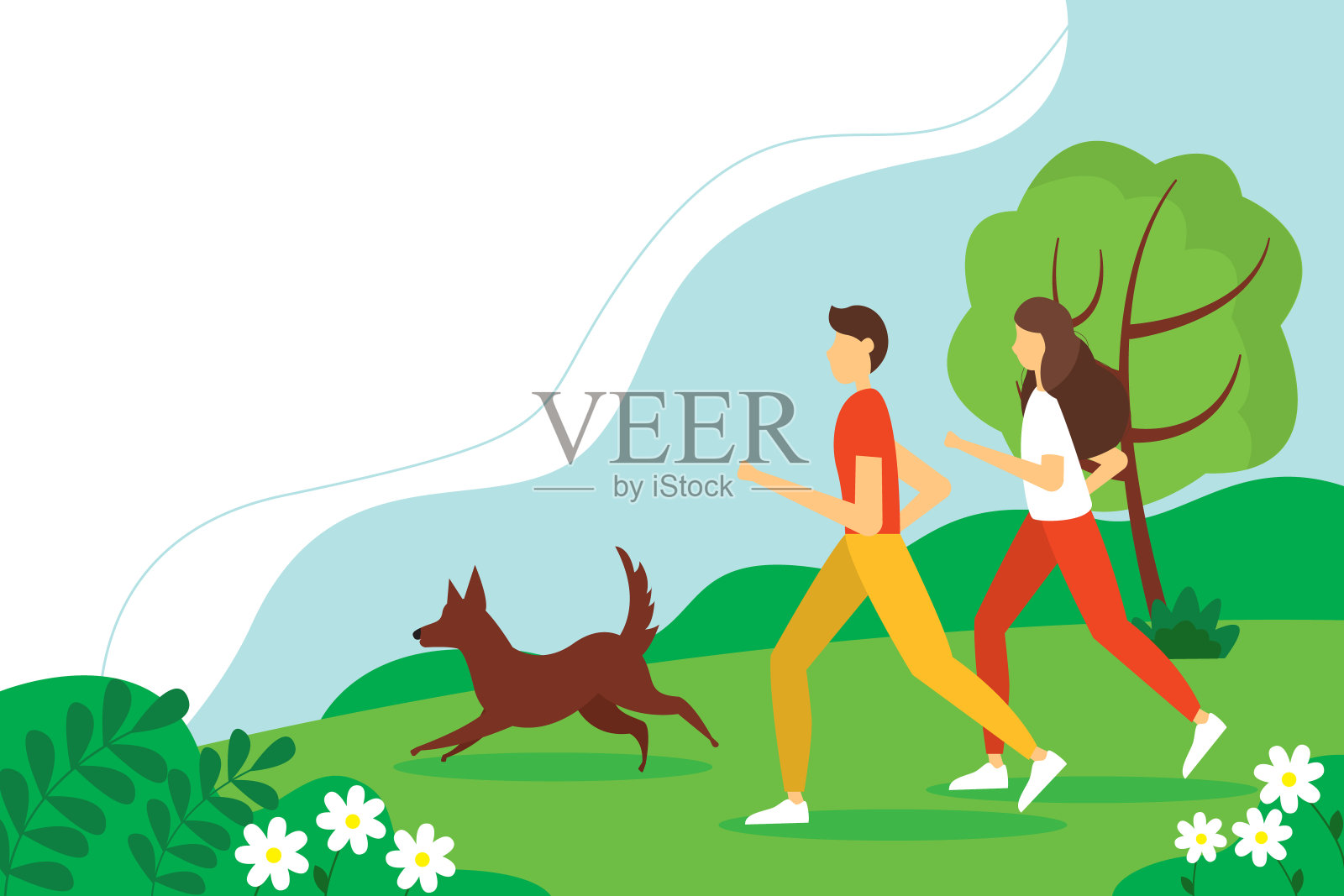 男人和女人带着狗在公园里跑步。可爱的夏季插图在平坦的风格。插画图片素材