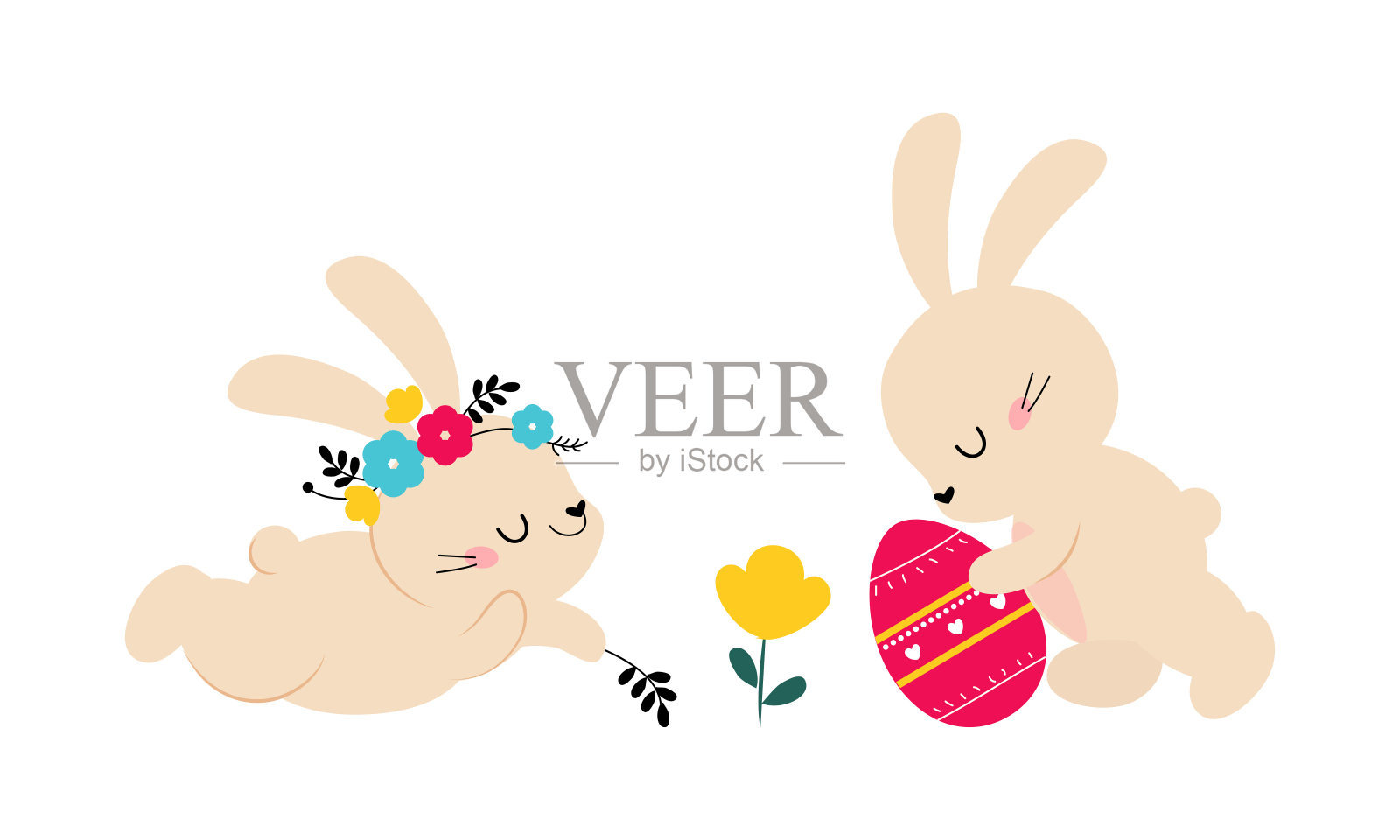 复活节春节快乐。可爱可爱的小复活节兔子与彩绘蛋卡通矢量插图插画图片素材