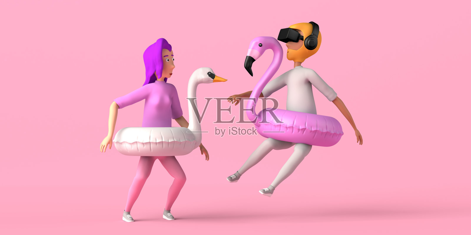 年轻的男女戴着火烈鸟和天鹅花车和虚拟现实眼镜。夏天的概念。副本的空间。3 d演示。插画图片素材