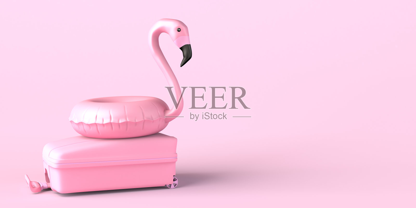 暑假概念手提箱和火烈鸟漂浮。副本的空间。3 d演示。照片摄影图片