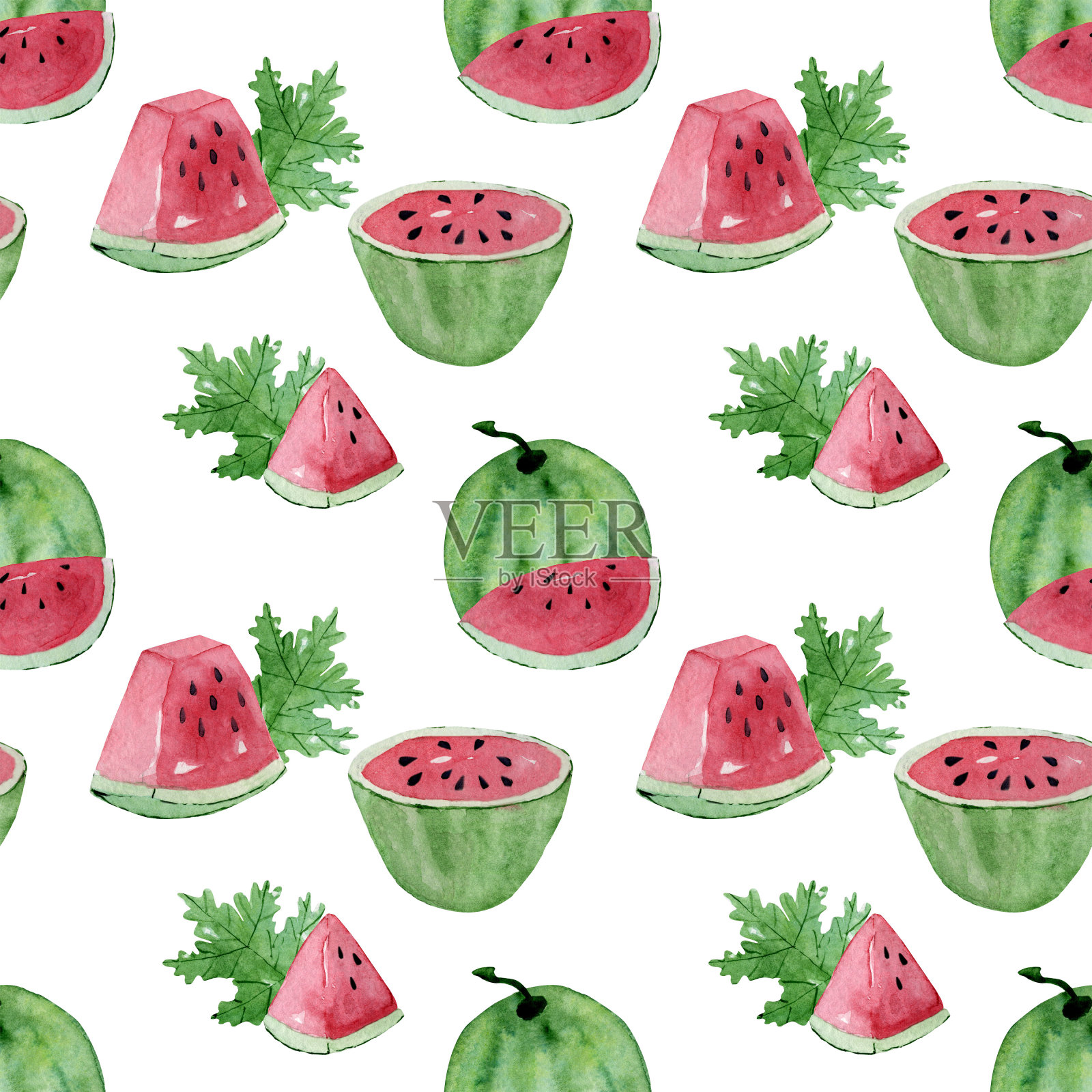 多汁的西瓜切片无缝图案。无尽的插图在白色背景。设计元素图片