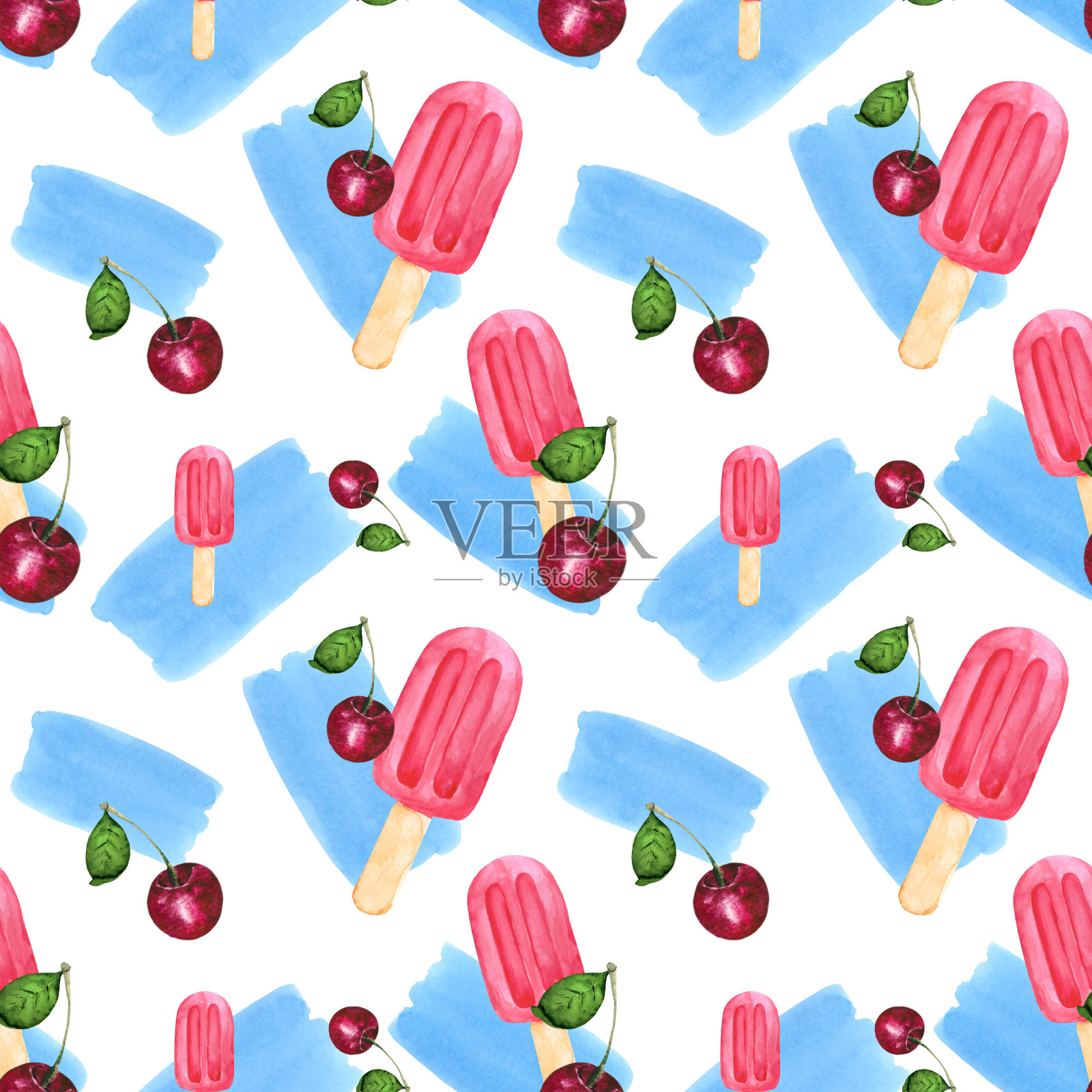 水彩背景与冰淇淋棒和新鲜的樱桃浆果。无缝图案鲜艳的墙纸，纺织品，包装，办公室和床上用品。插画图片素材