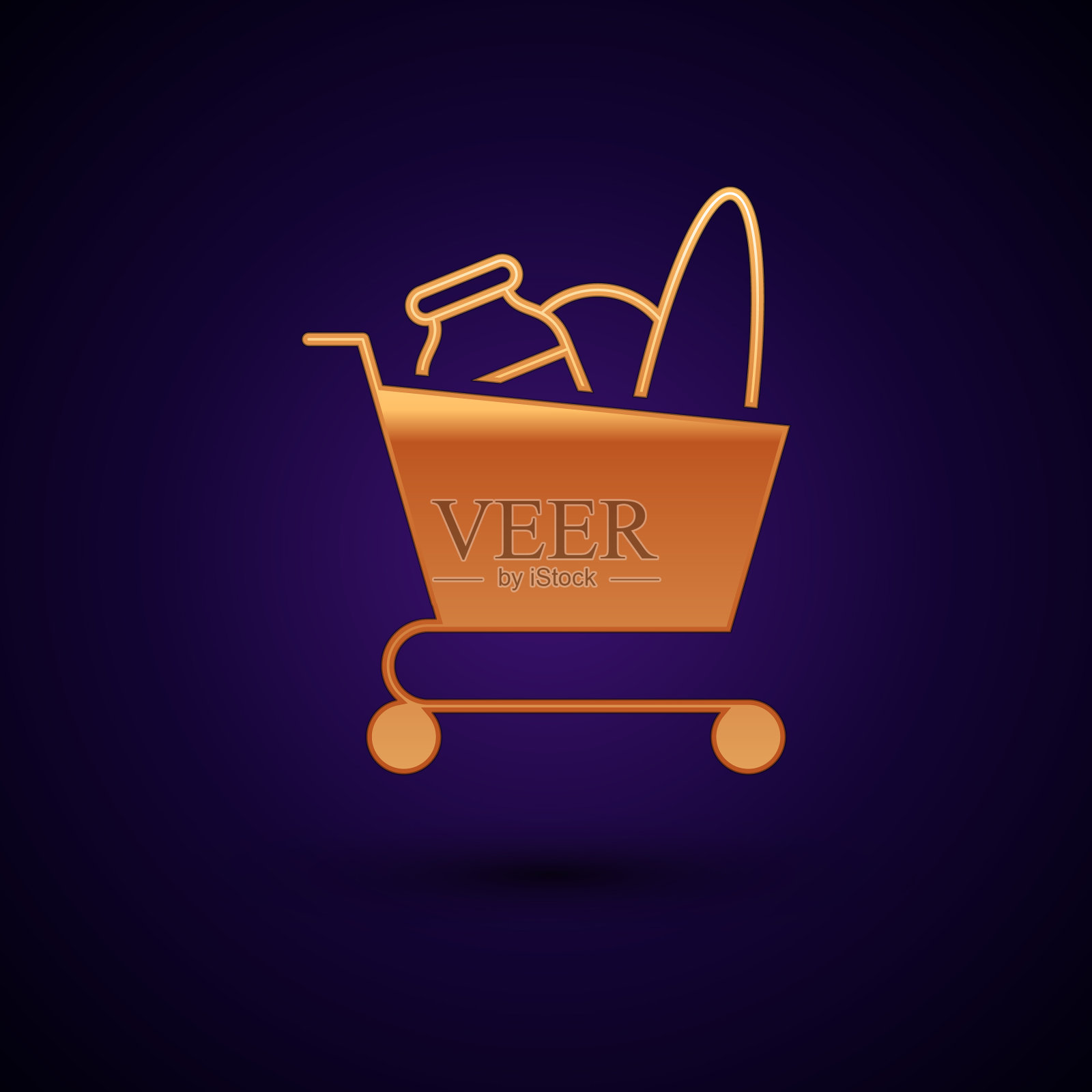 黄金购物车和食品图标孤立在黑暗插画图片素材